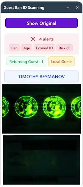 Guest Ban ID scanning alerts including ban, age, expired ID, and risk checks with UV capture