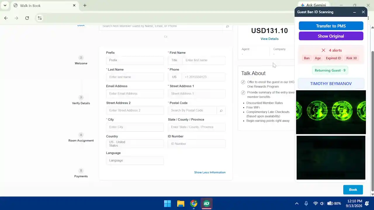 Guest Ban alerts displayed during hotel check in before PMS transfer