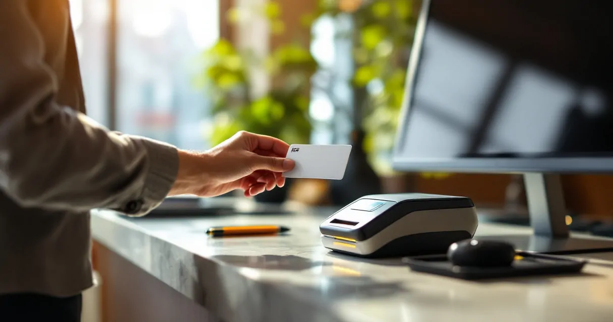 Guest ID being scanned at a modern hotel front desk during check‑in process