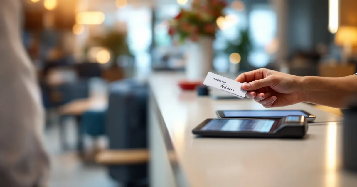 Efficient hotel front desk workflow with ID scanner, key cards, and guests moving through lobby